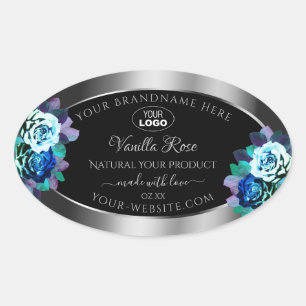 Floral Black Silver Product Labels Logo Teal Roses