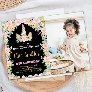 Floral Black Unicorn Birthday Invitations w photo