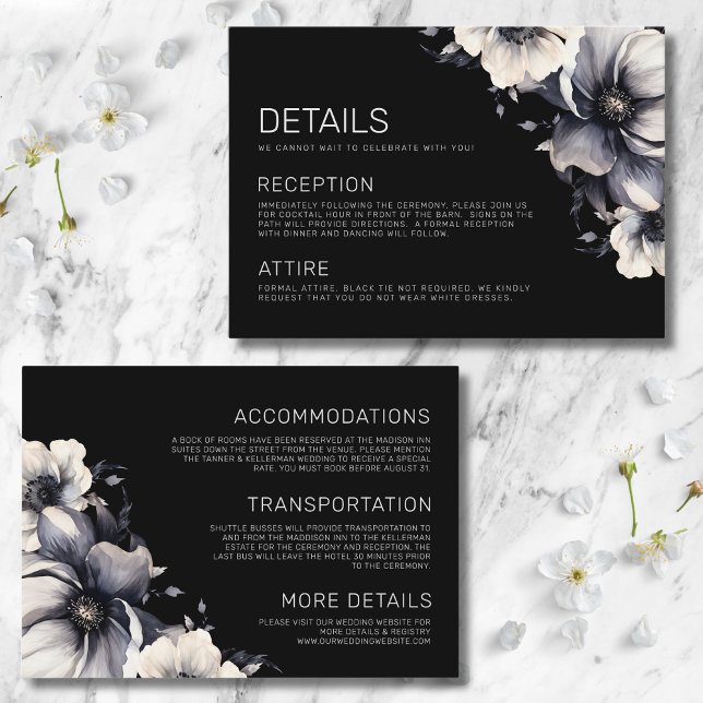 Floral Black Wedding Details Enclosure Card (Modern Elegant Floral White Black Wedding Details Enclosure Card)