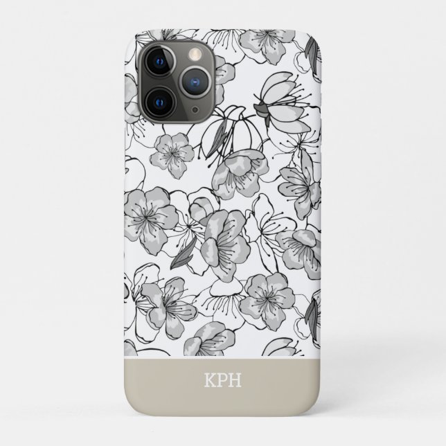 Floral Black, White, and Tan with Monogram Case-Mate iPhone Case (Back)