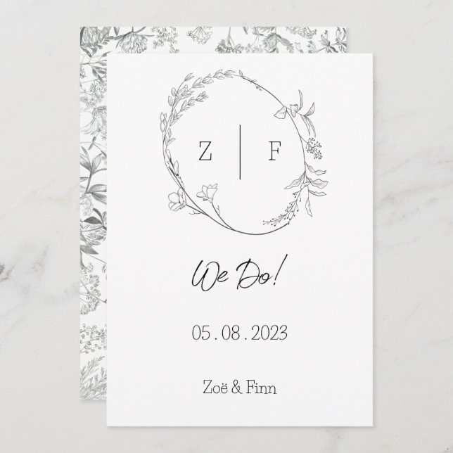 Floral Black & White Botanical Line Art Invitation (Front/Back)