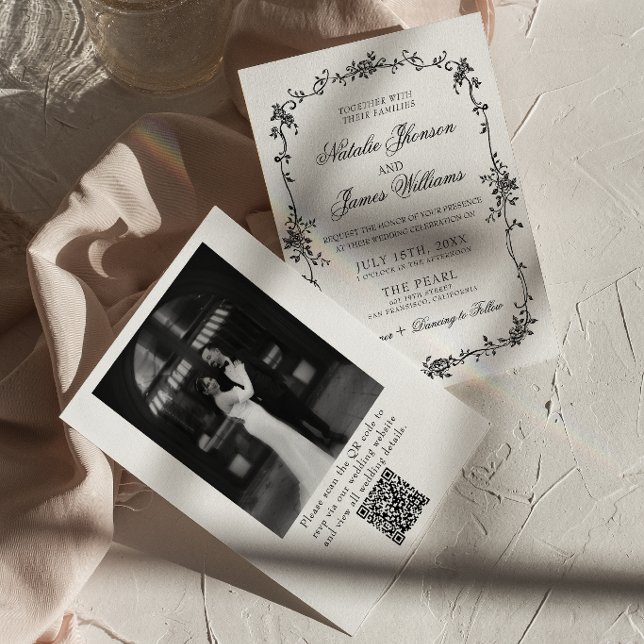 Floral Black White Botanical QR Code Photo Wedding Invitation (Creator Uploaded)