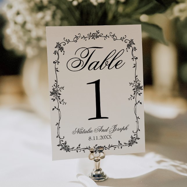 Floral Black White Botanical Wedding Table Number (Creator Uploaded)