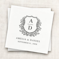 Floral Black White Crest Wedding Monogram