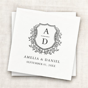 Floral Black White Crest Wedding Monogram Napkin