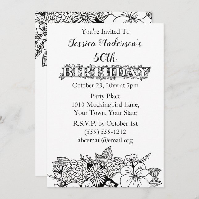 Floral Black White Fiftieth 50th Birthday Invite (Front/Back)