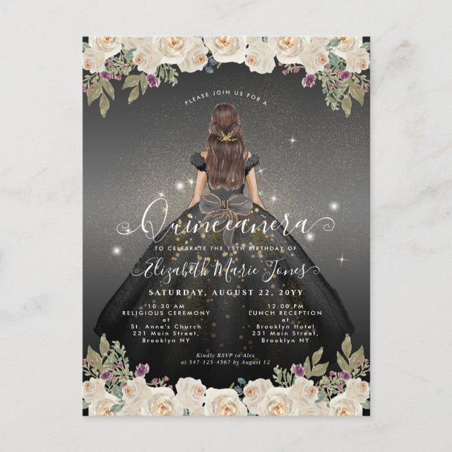 Floral Black White Gold Glam Princess Quinceanera Postcard (Front)