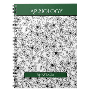 Floral Black White Green Name School Subject Notebook