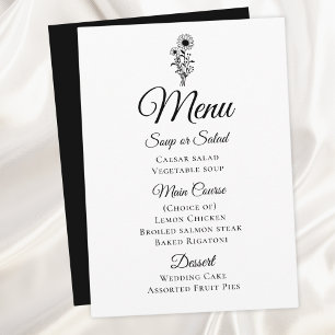 Floral Black White Minimalist Sunflower Wedding Menu