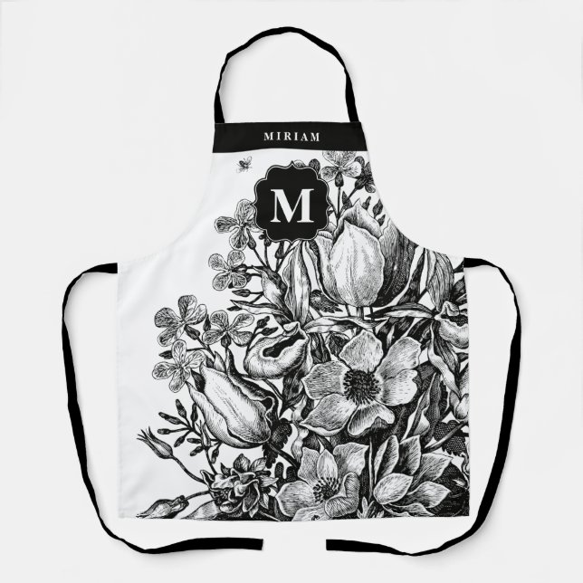 Floral Black & White Monogram Apron  (Front)