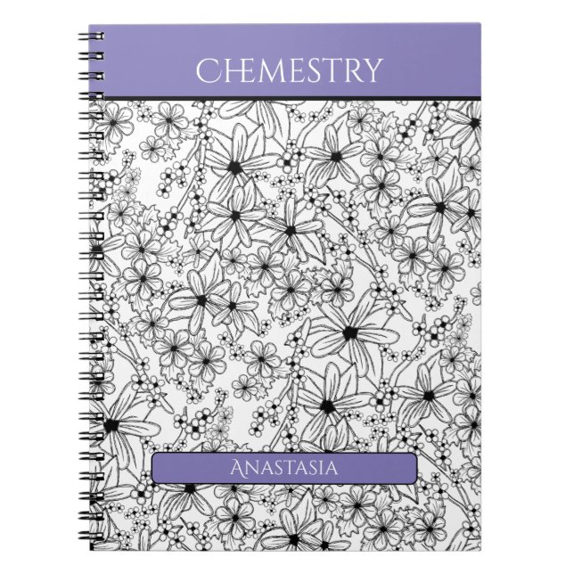 Floral Black White Purple Name School Subject Notebook (Front)