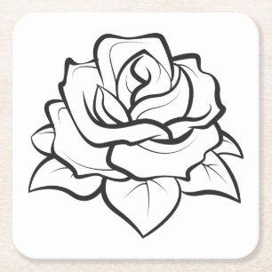 Floral Black & White Rose Flower Wedding Party Square Paper Coaster