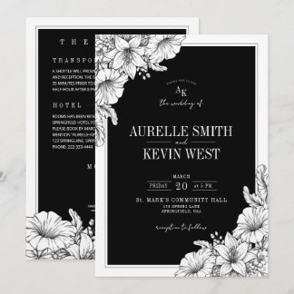 Floral Black White Rustic Details QR Wedding Invitation