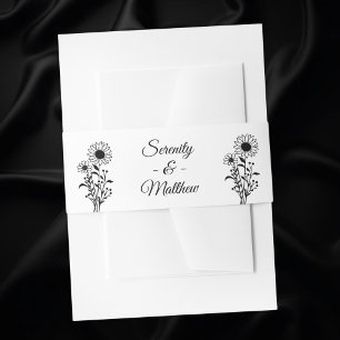 Floral Black White Rustic Sunflower Wedding Invitation Belly Band