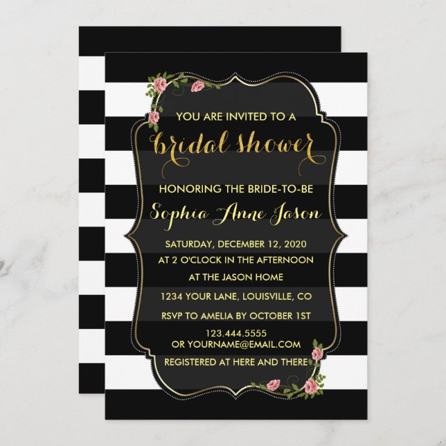 Floral Black White Stripes Bridal Shower Invite (Front/Back)