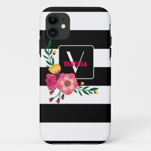 Floral - Black & White Stripes iPhone 11 Case