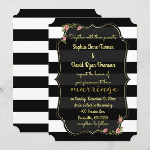 Floral Black White Stripes Gold Wedding Invitation