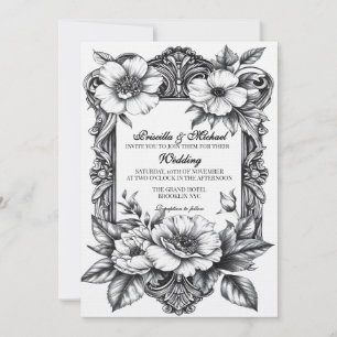 Floral Black & White Vintage Decor Wedding Invitation