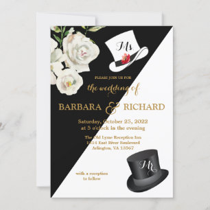 Floral Black & White Wedding  Invitation