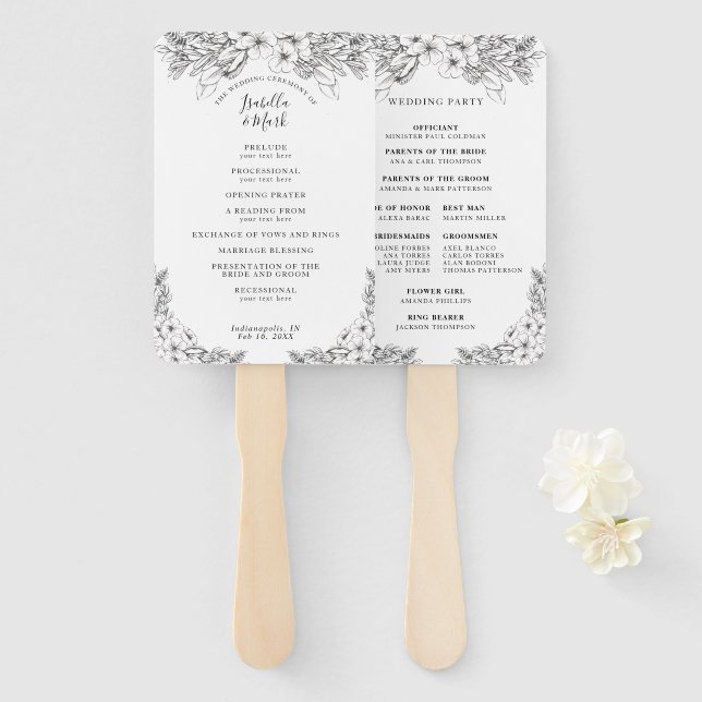 Floral Black & White Wedding Program Hand Fan (Front and Back)