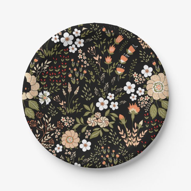 Floral Black Wildflowers Botanical Flowers Wedding Paper Plate (Front)