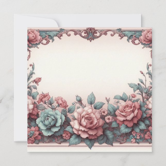 Floral Blank Card Template, Dusty Rose Turquoise  (Front)