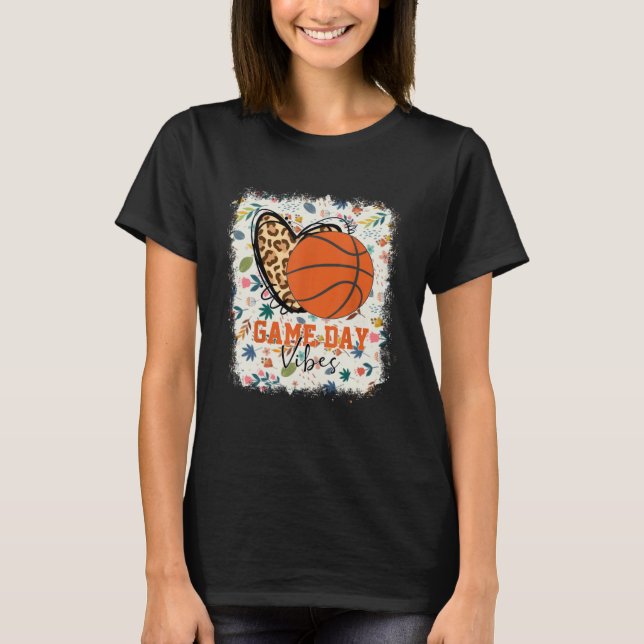 Floral Bleached Basketball Game Day Vibes Basketba T-Shirt (Front)