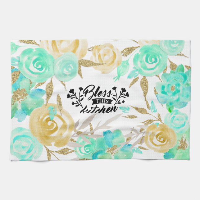 Floral Bless This Kitchen Tea Towel (Horizontal)