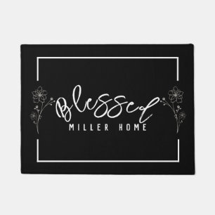Floral Blessed Home Family Name Black White Custom Doormat