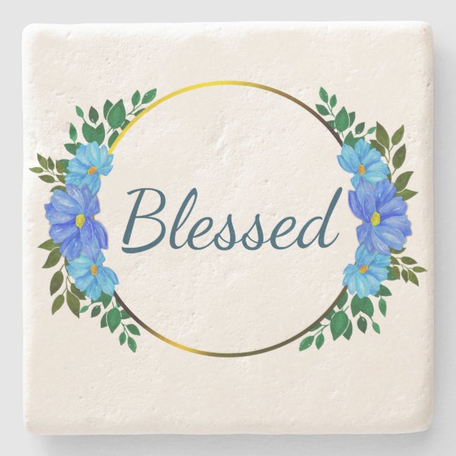 Floral Blessed typography Blue text Simple Stone Coaster (Front)