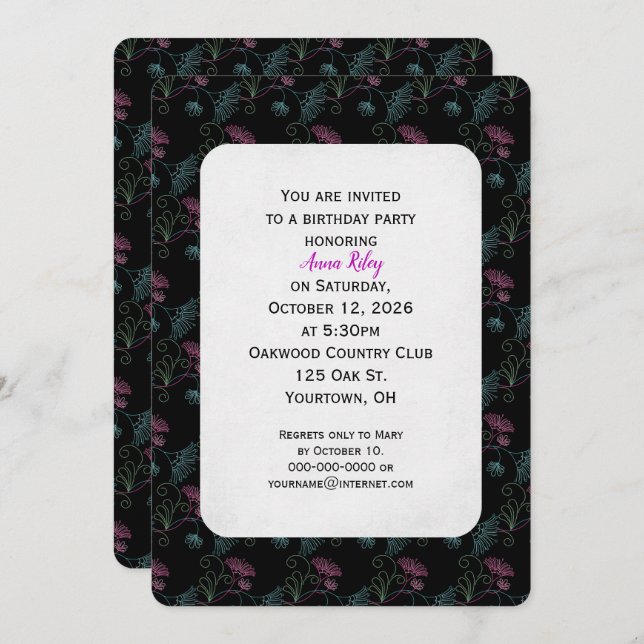 floral bling on black birthday invite (Front/Back)
