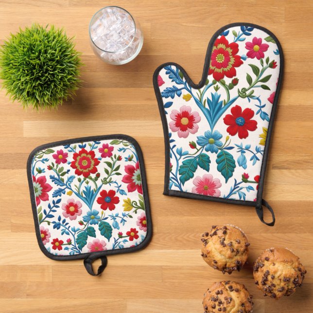 "Floral Bliss Apron – Brighten Up Your Kitchen!" Oven Mitt & Pot Holder Set (Top Down)
