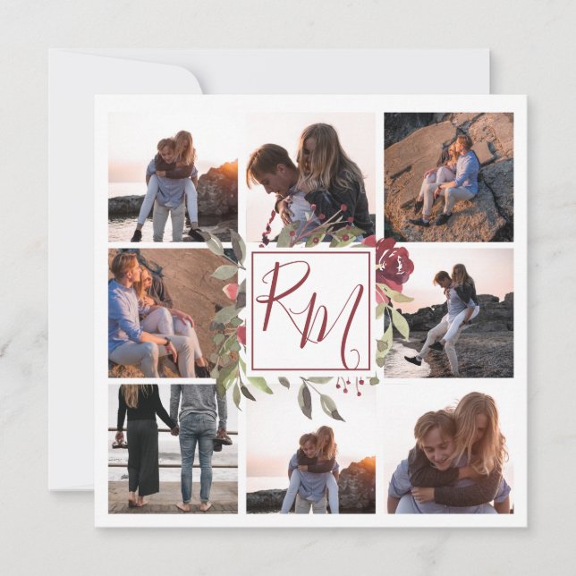 Floral Block Monogram Burgundy Floral Multi Photo Save The Date (Front)