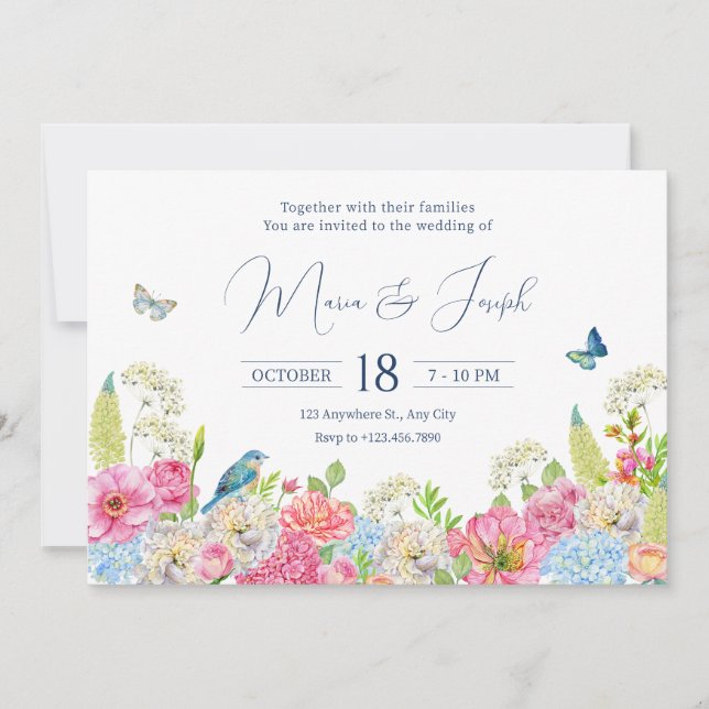 Floral Bloom blue green pink spring wedding Invitation (Front)