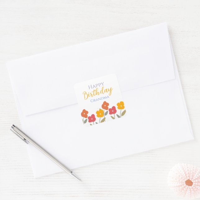Floral Bloom Colourful Happy Birthday Grandma Part Square Sticker (Envelope)