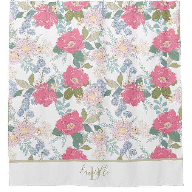 Floral Bloom Pattern Monogram Elegant Shower Curtain (Front)
