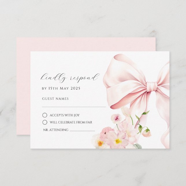 Floral Bloom Pink Bow Elegant RSVP Response Card (Front/Back)