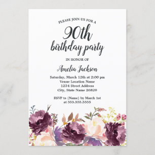 Floral Bloom Purple Watercolor 90th Birthday Party Invitation