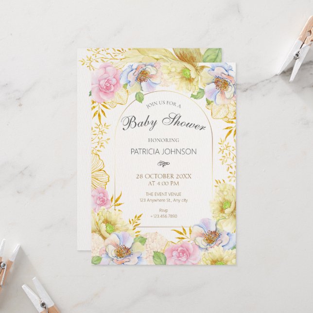 Floral bloom soft colour baby shower invitation (Front/Back In Situ)