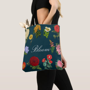 Floral Bloom, Vintage Flowers Black Tote Bag