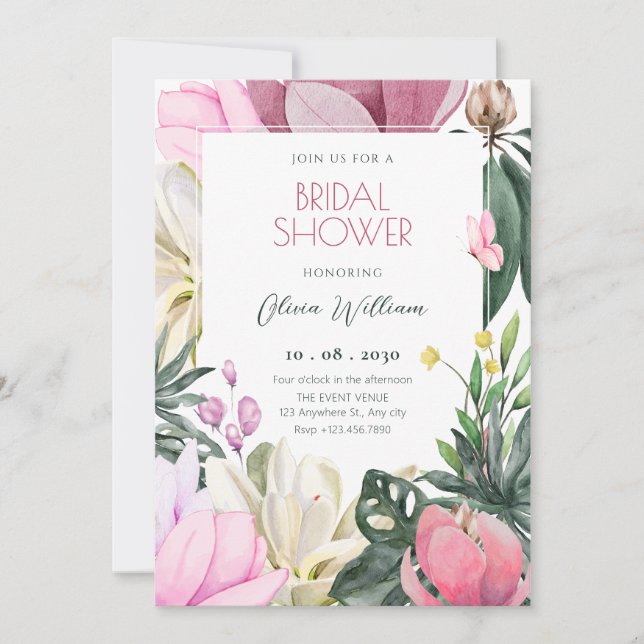 Floral bloom watercolor bridal shower invitation (Front)