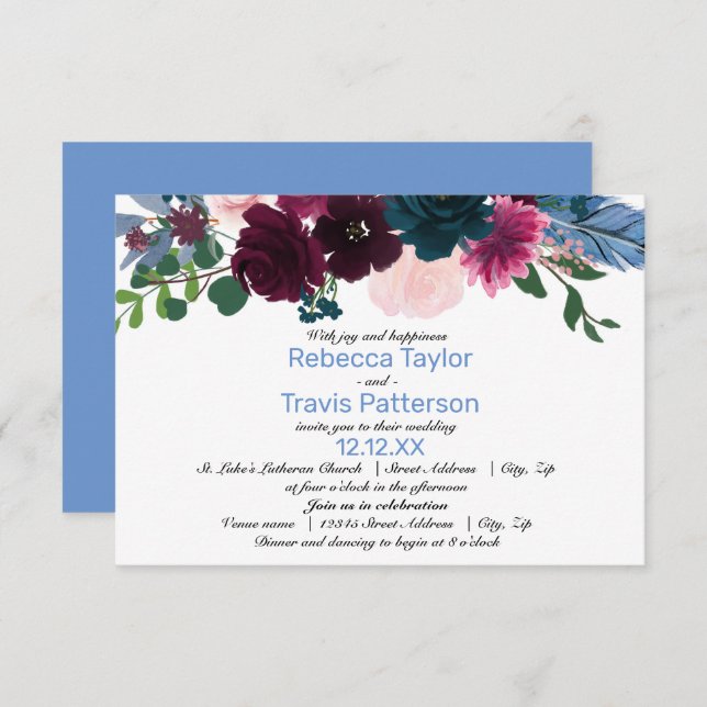 Floral Blooms Blue - 3x5 Wedding/Reception Invite (Front/Back)