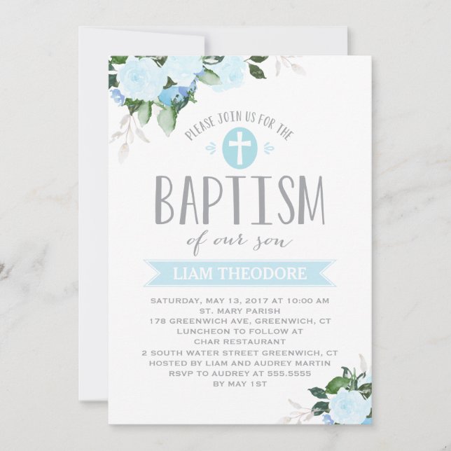 Floral Blooms| Blue | Baptism Invitation (Front)