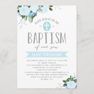 Floral Blooms  Blue   Baptism Invitation