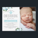 Floral Blooms Blue | Christening Invitation<br><div class="desc">Customisable Christening invitation with photo featuring watercolor flowers.</div>