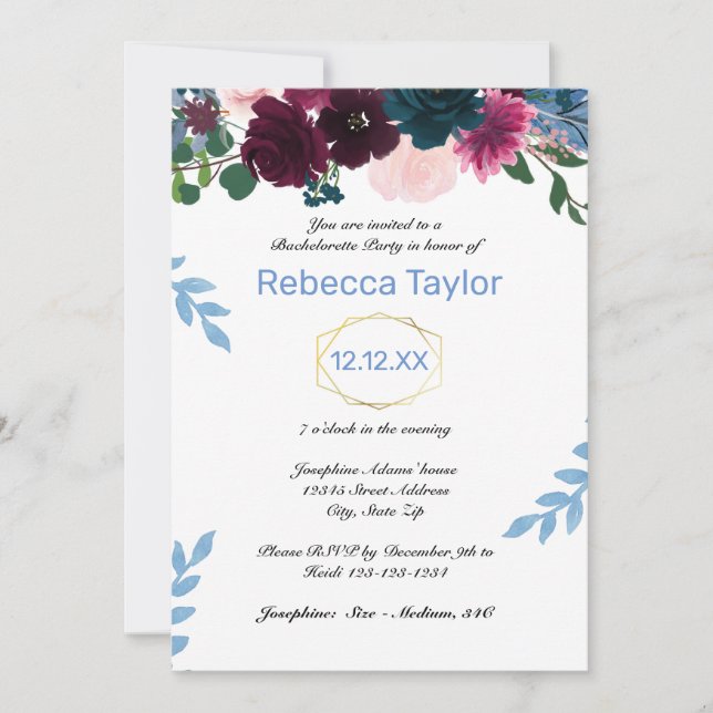 Floral Blooms Blue Vertical - Bachelorette Party Invitation (Front)