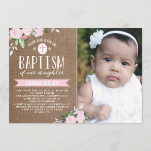 Floral Blooms Burlap   Baptism Invitation