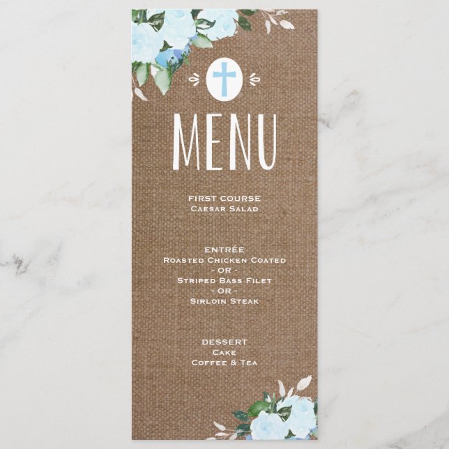 Floral Blooms Burlap | Baptism Menu (Front)
