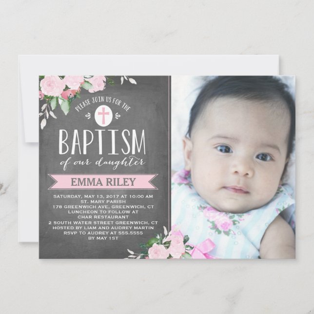 Floral Blooms Chalkboard | Baptism Invitation (Front)