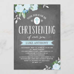 Floral Blooms Chalkboard   Christening Invitation